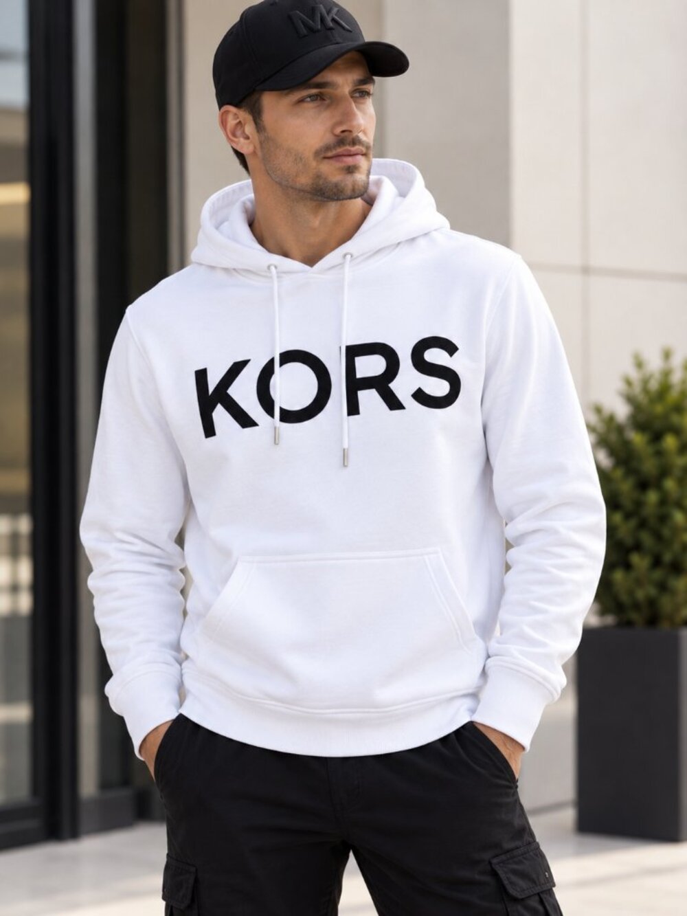Michael Kors Men's White KORS Logo Fleece Pullover Hoodie Size M